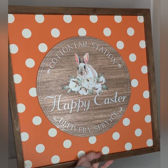 Cottontail Bunny Happy Easter Orange White Polka Dots Large Wooden Wall Decor - Picture 4 of 8